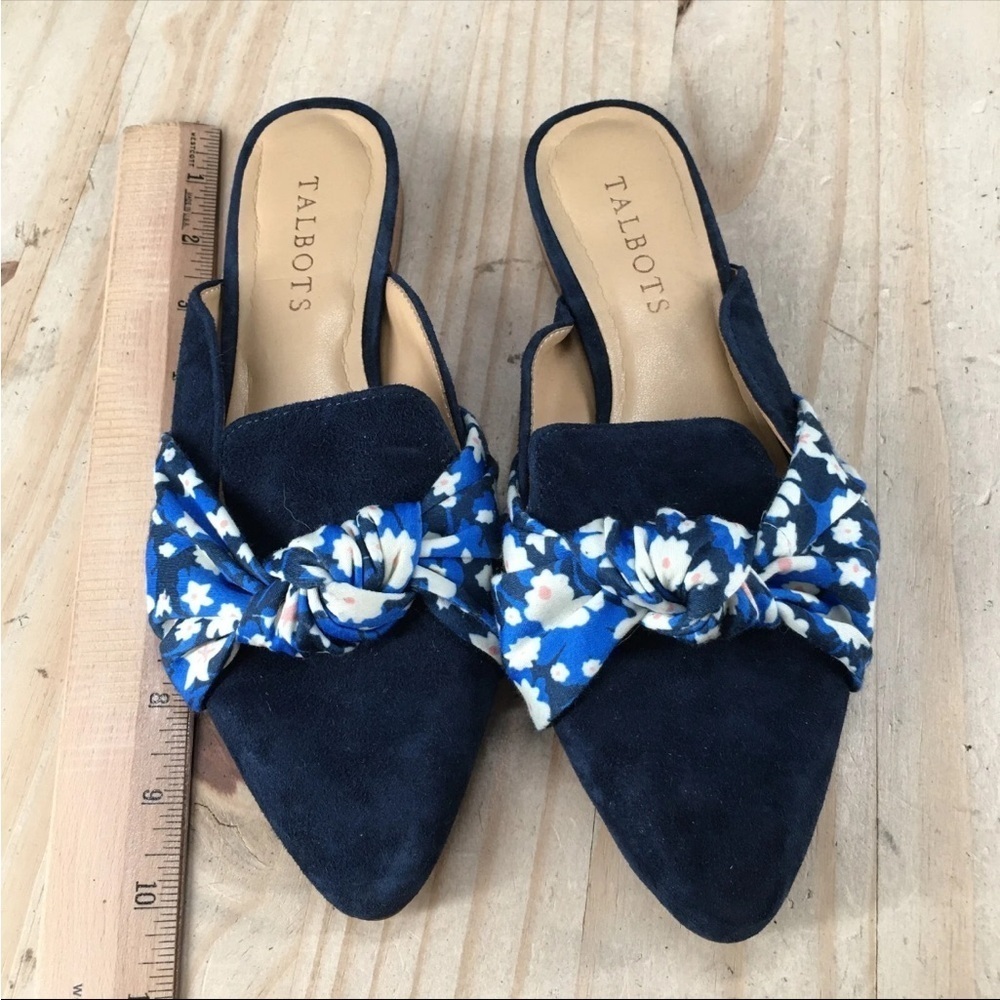 Talbots Shoes Womens6 M Edison Knot Mules Flats Slip On Blue Leather Pointed Toe